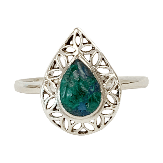 Sterling silver teardrop-shaped ring with an Eilat stone at its center and an open geometric design surrounding the stone