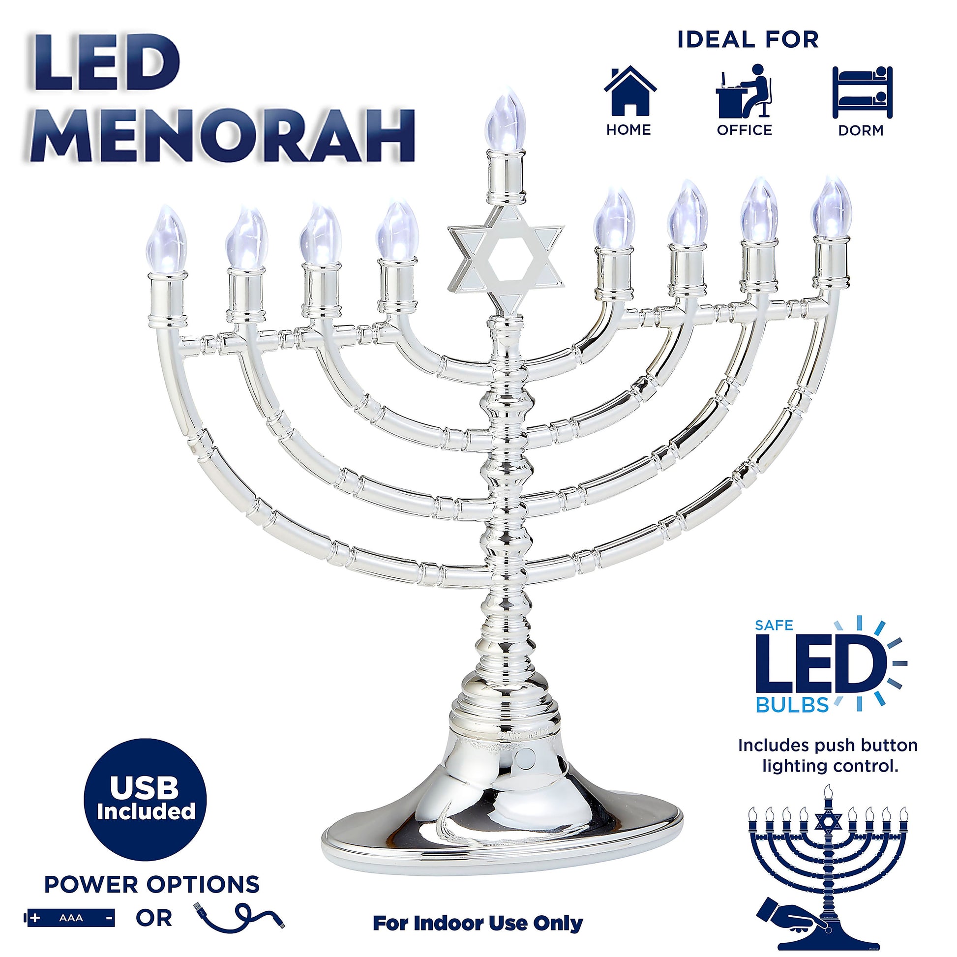 Hanukkah Menorah, Silvertone, plastic, product highlights