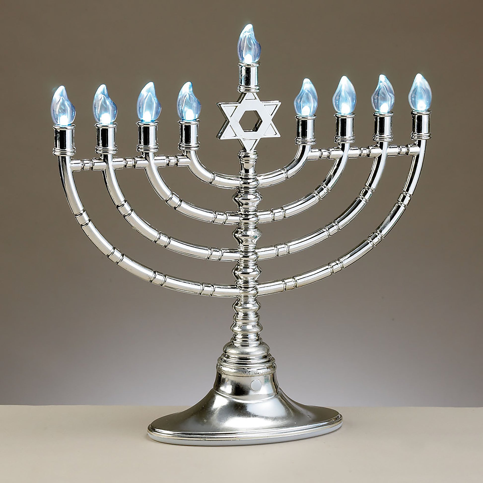 Hanukkah Menorah, Silvertone, plastic, LED lights on
