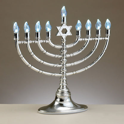Hanukkah Menorah, Silvertone, plastic, LED lights on