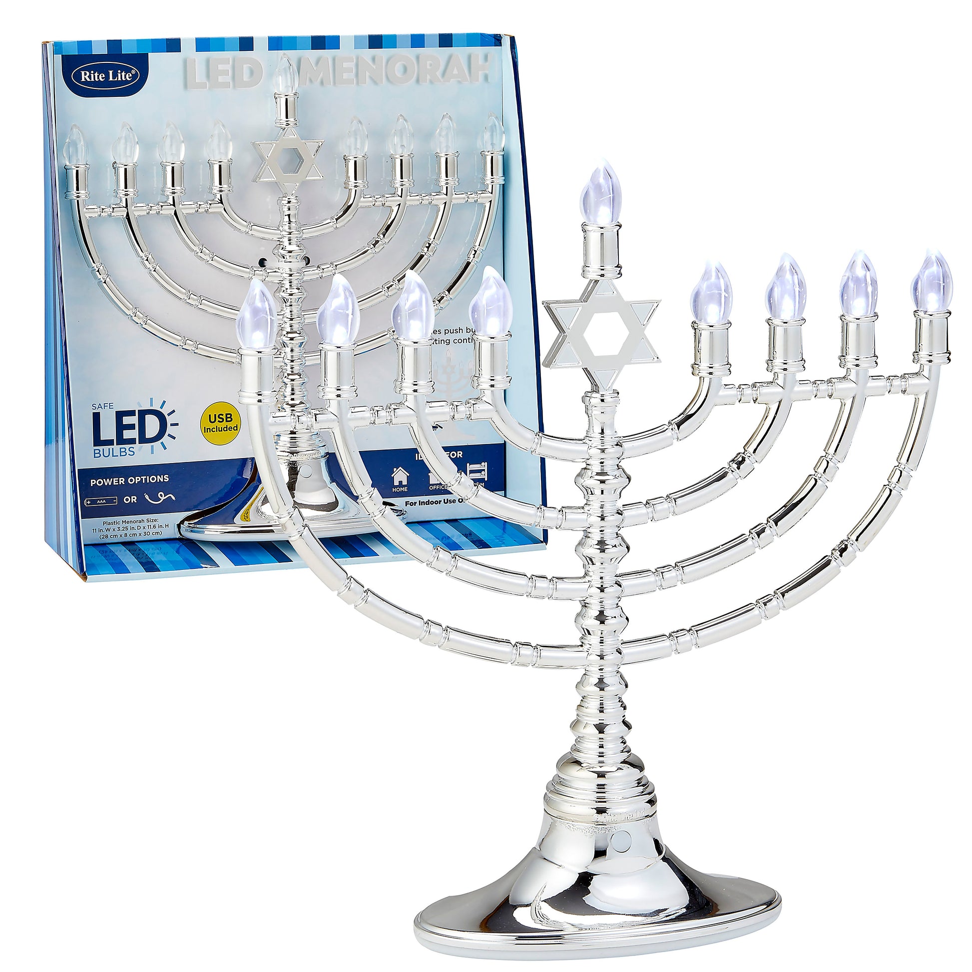 Hanukkah Menorah, Silvertone, plastic, displayed next to product box