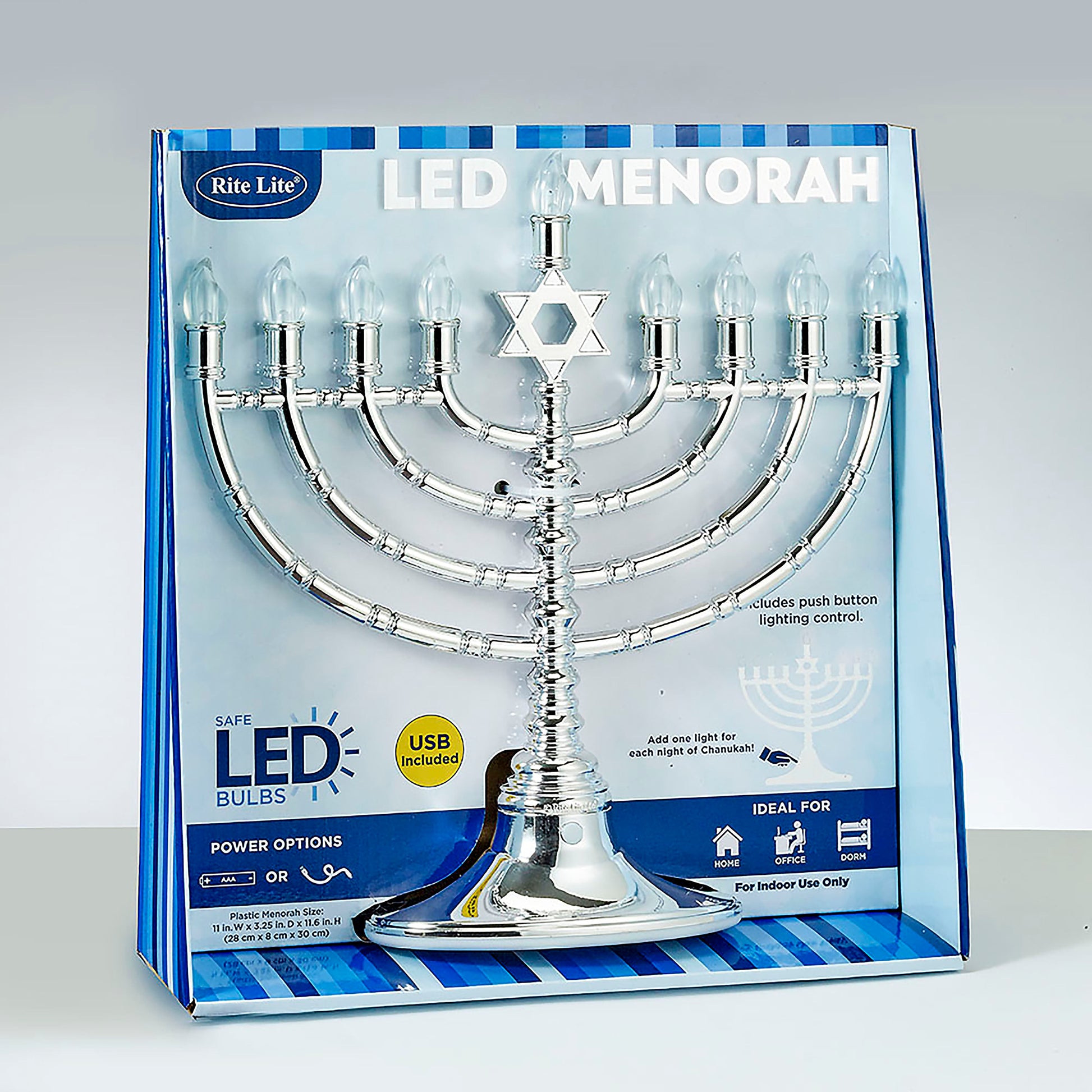 Hanukkah Menorah, Silvertone, plastic, in product box