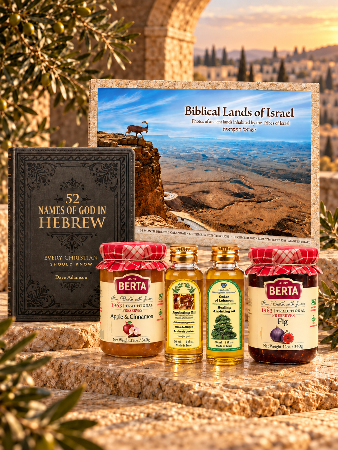 Holy Land Gift Set with Hebrew Book, Israel Calendar, Preserves & Anointing Oils