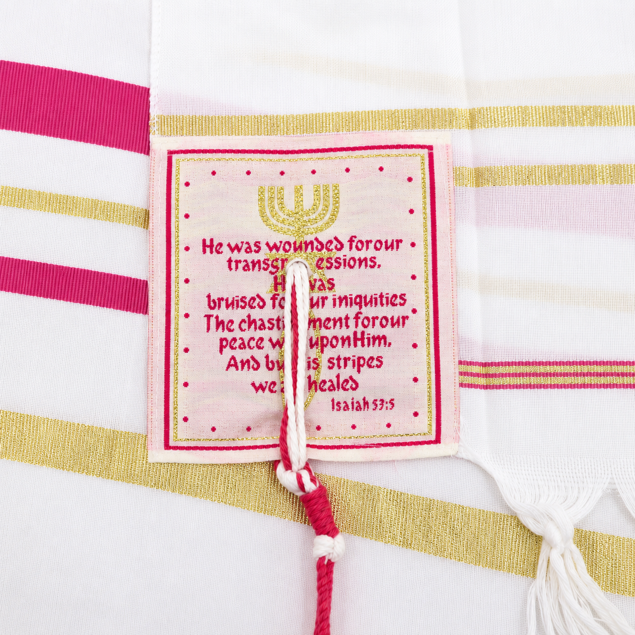 Pink and gold prayer shawl corner patch with Scripture