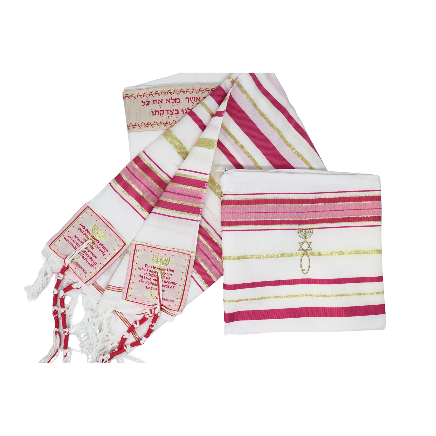 Prayer Shawl (22") Pink/Gold With Bag