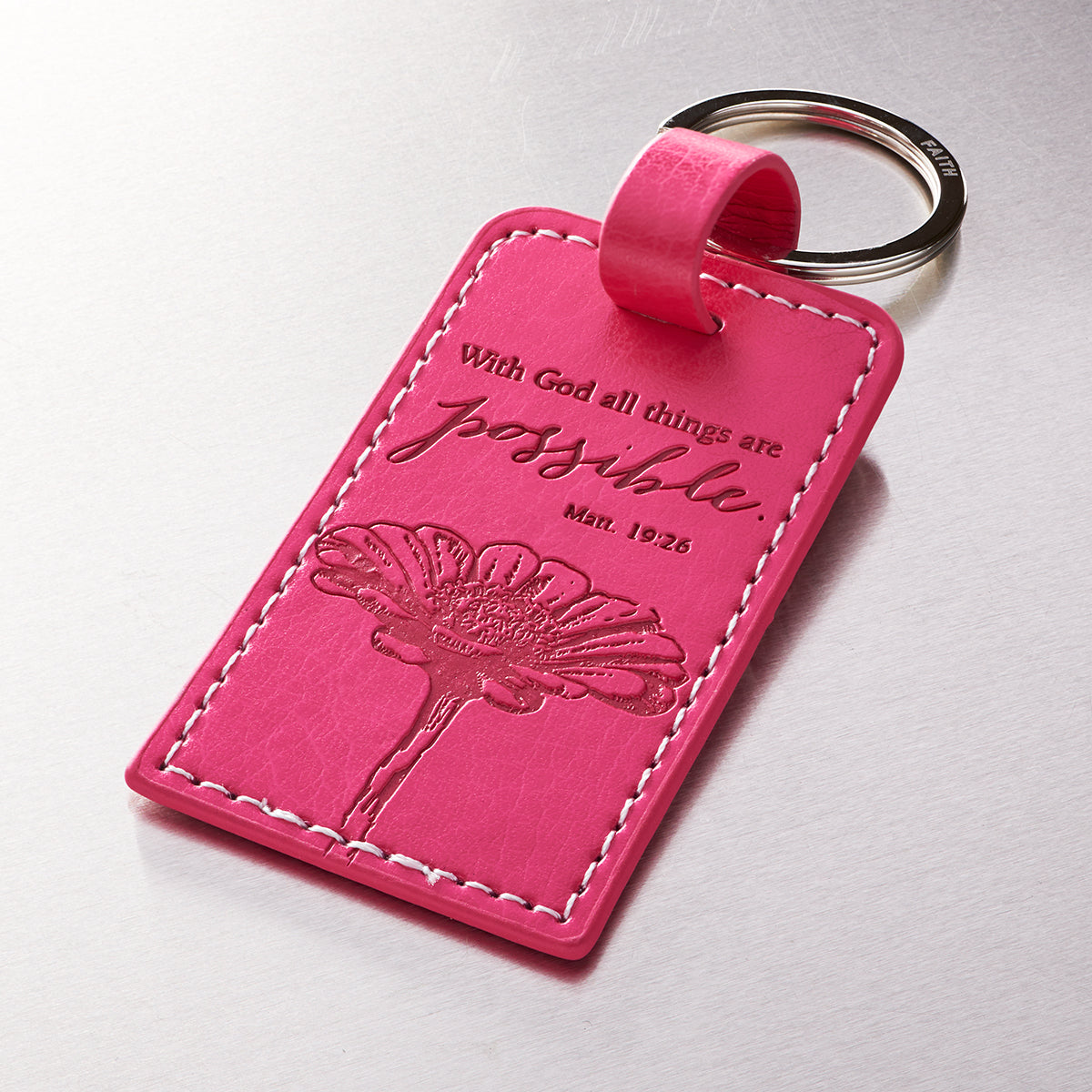 All Things are Possible Bright Pink Faux Leather Key Ring - Matthew 19:26