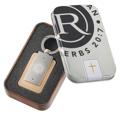 Righteous Man Silver and Tan Key Ring in Gift Tin - Proverbs 20:7