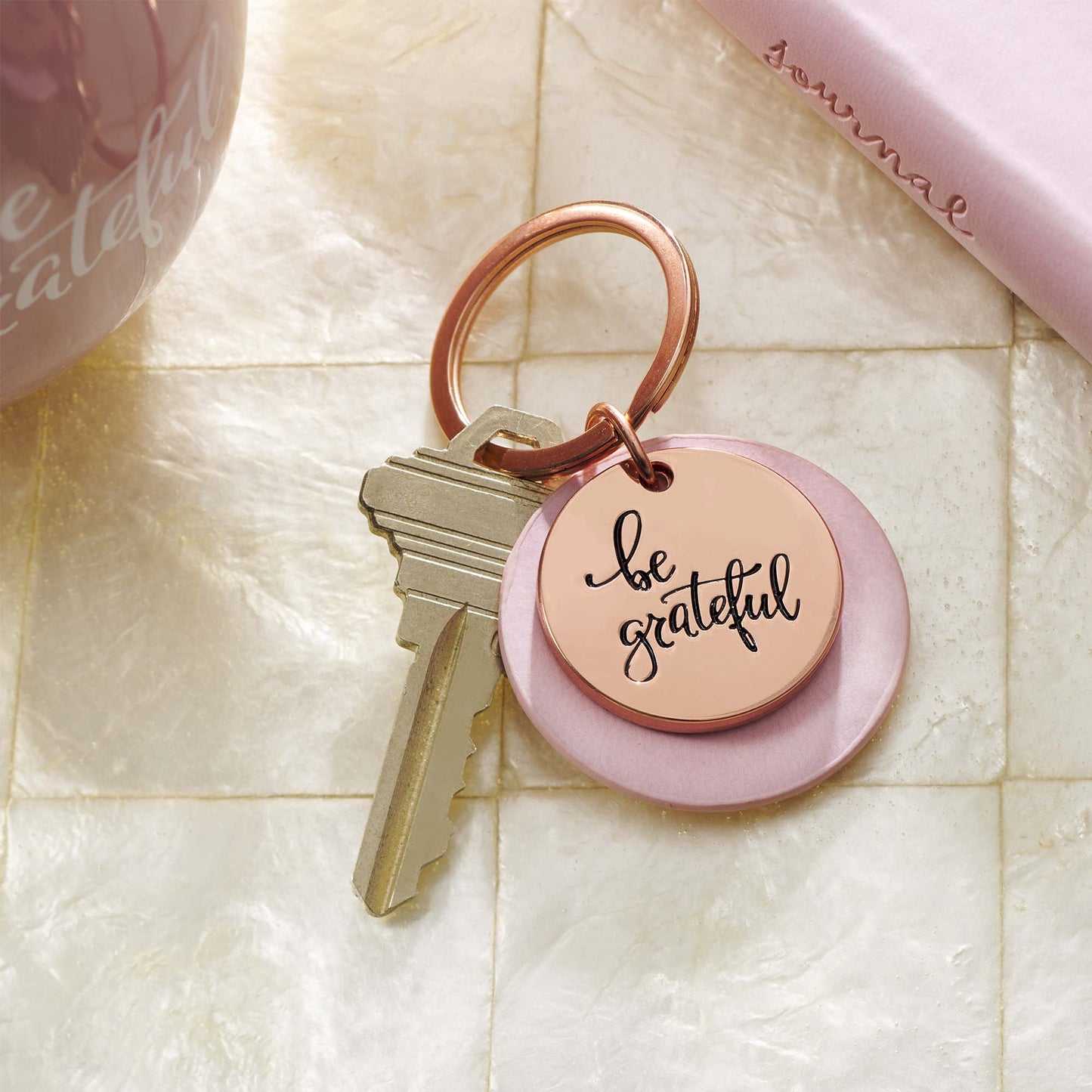 Be Grateful Rose Gold Key Ring with Soft Pink Disc