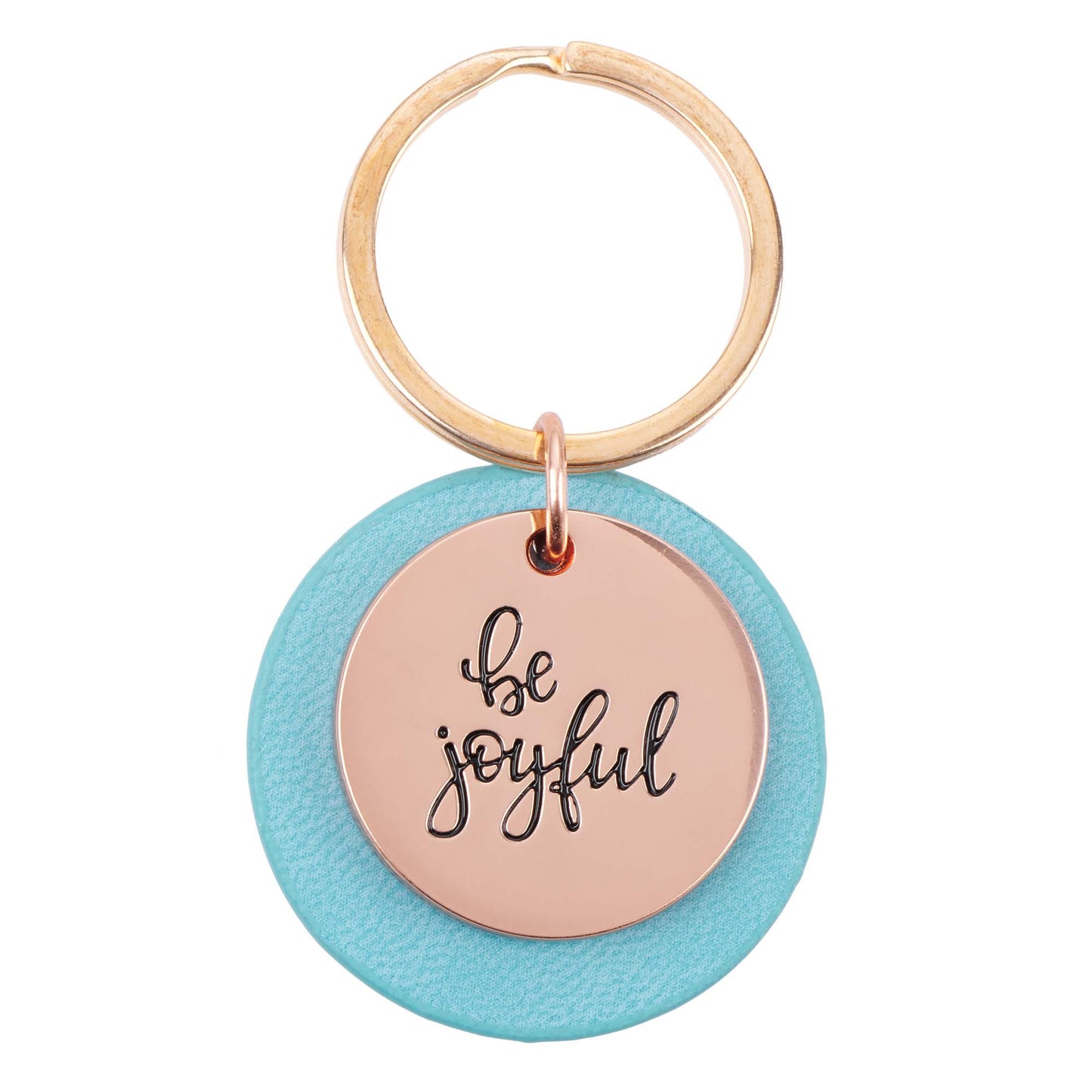 Be Joyful Rose Gold Key Ring with Teal Disc