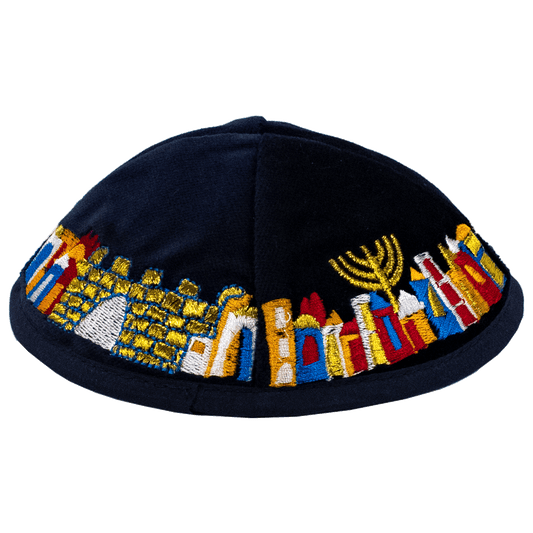 Navy Velvet Kippah with embroidered city of Jerusalem along the edges