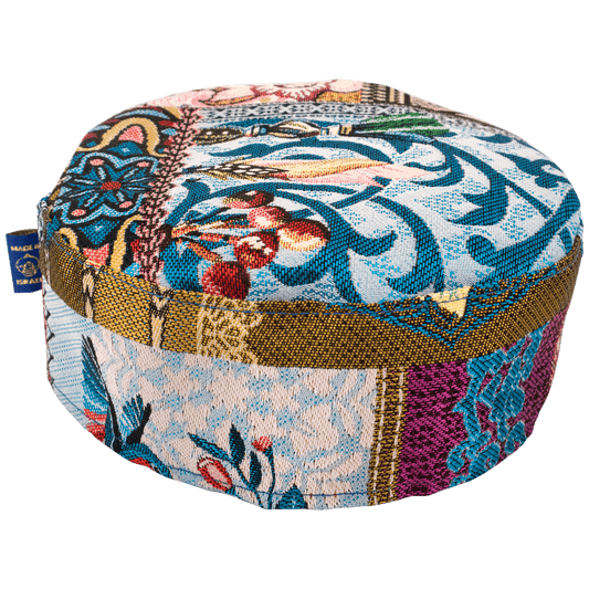 Handcrafted blue floral patchwork Kippah with yellow red and fuchsia