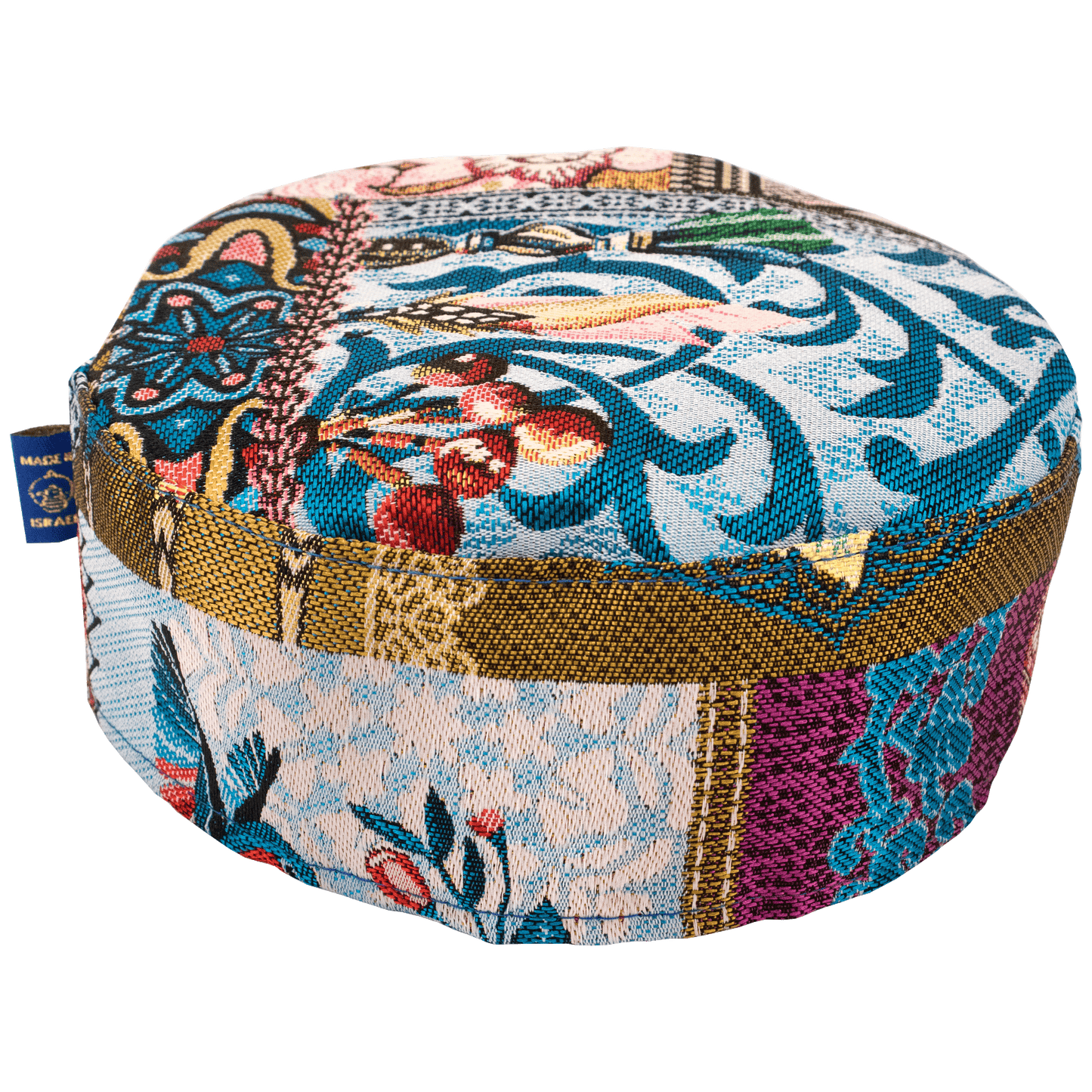 Handcrafted blue floral patchwork Kippah with yellow red and fuchsia