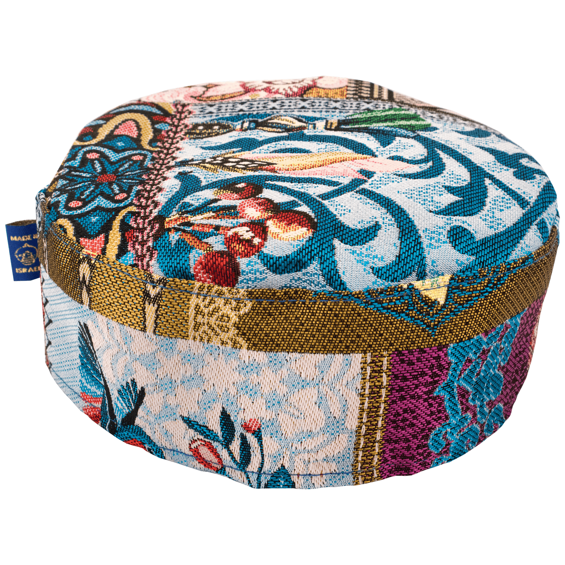 Handcrafted blue floral patchwork Kippah with yellow red and fuchsia