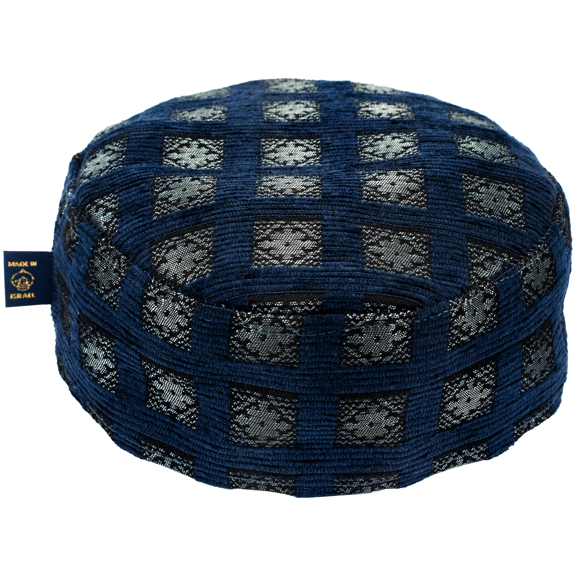 Handcrafted navy blue Kippah with silvery blue square floral tile pattern