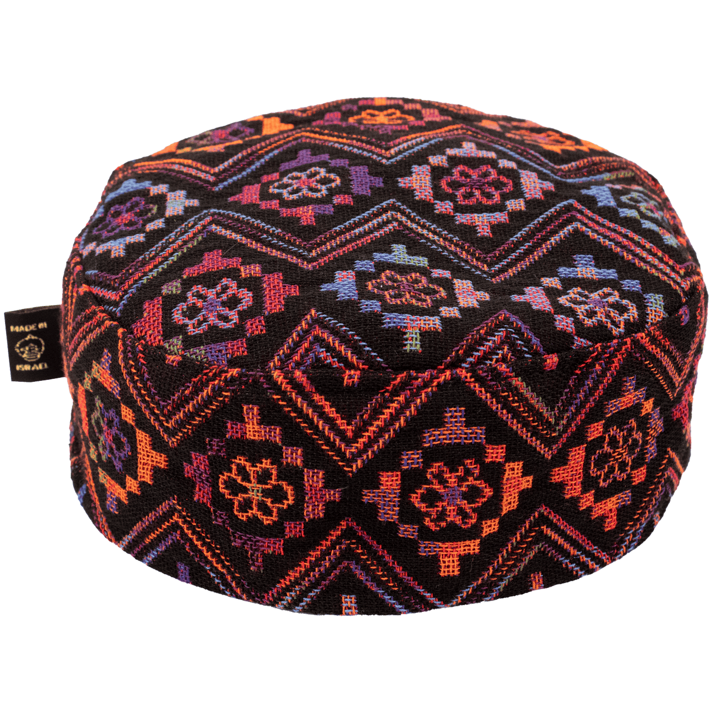 Handcrafted Black Kippah with blue orange toned Geo-lily pattern