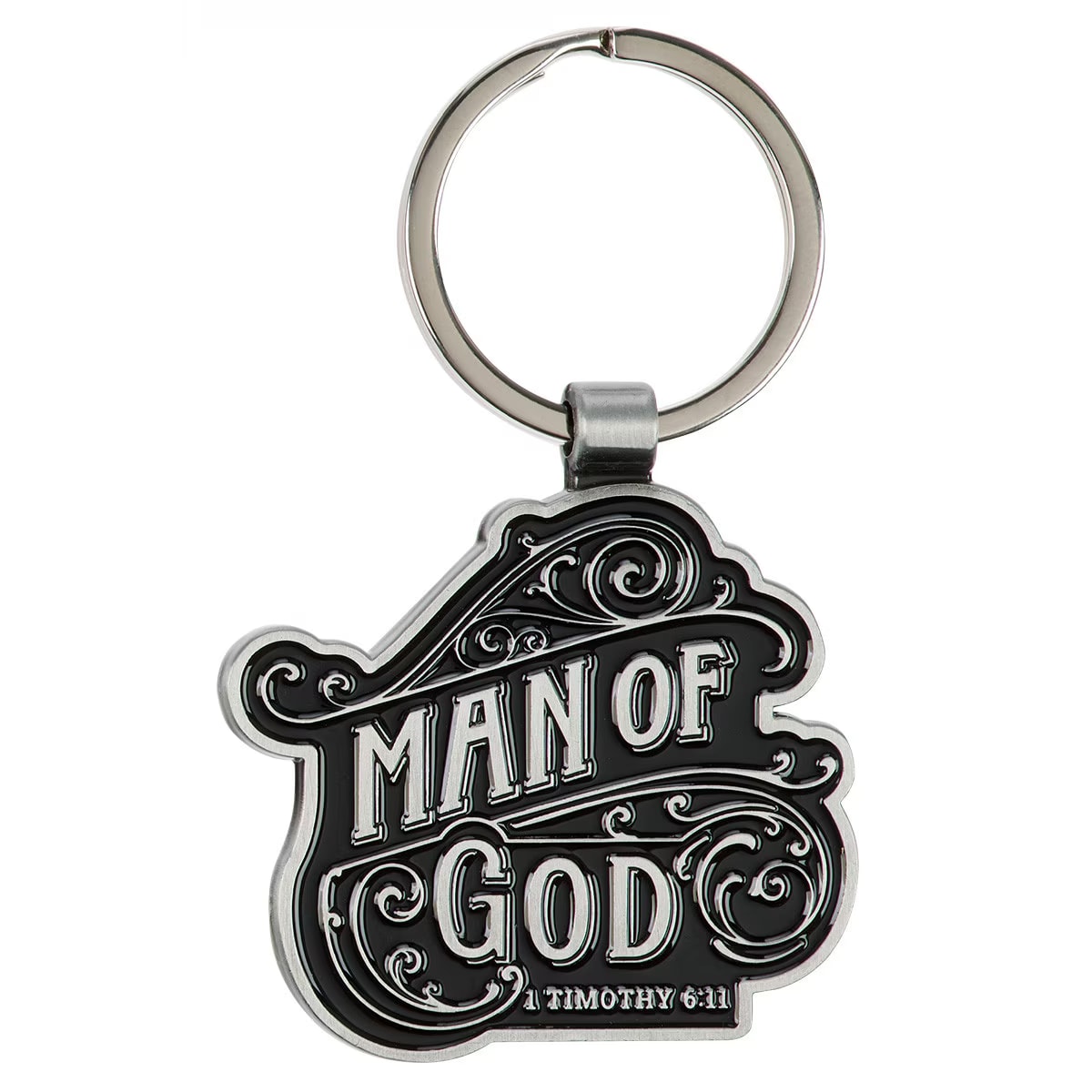 Man of God Black and Silver Metal Keychain - 1 Timothy 6:11
