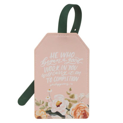 He Who Began a Good Work Pink Floral Faux Leather Luggage Tag - Philippians 1:6