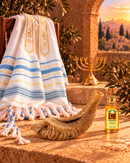 Shofar Gift Set with Prayer Shawl, Anointing Oil & Menorah