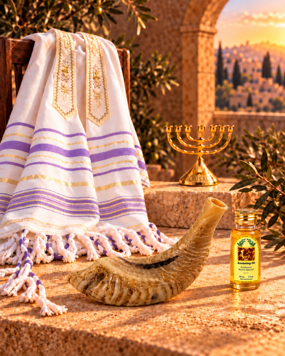 Shofar Gift Set with Prayer Shawl, Anointing Oil & Menorah