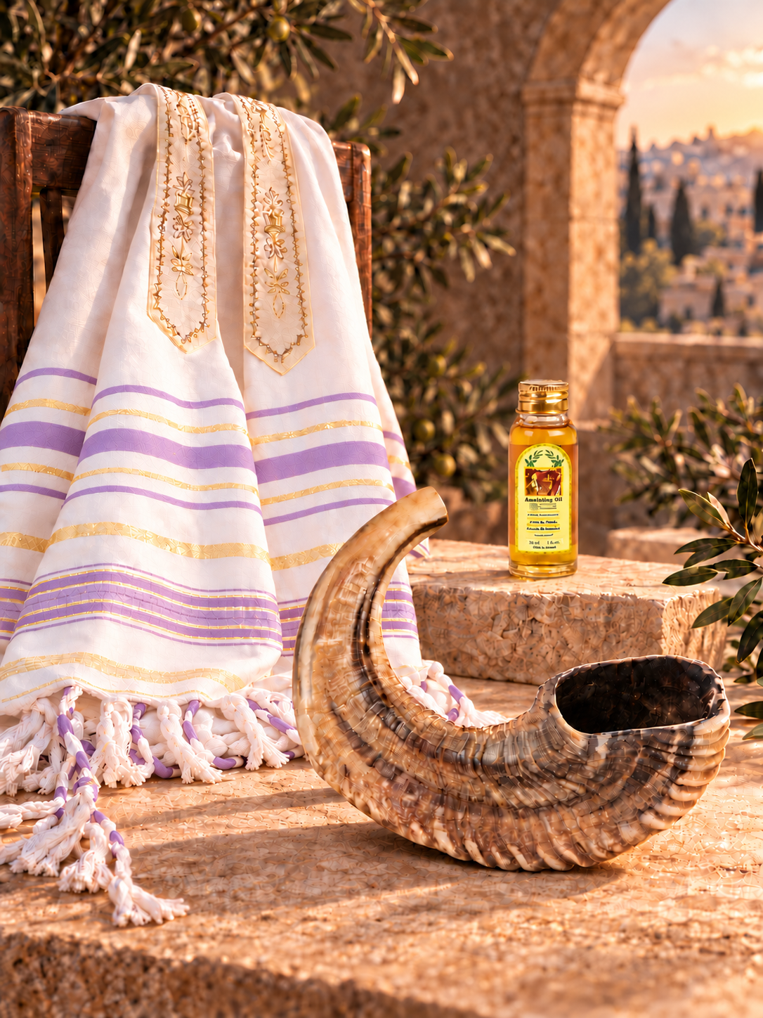 Shofar Gift Set with Prayer Shawl & Anointing Oil