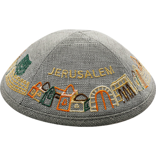 Linen Kippah With Jerusalem Embroidery