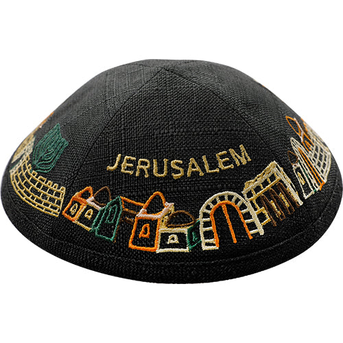 Linen Kippah With Jerusalem Embroidery
