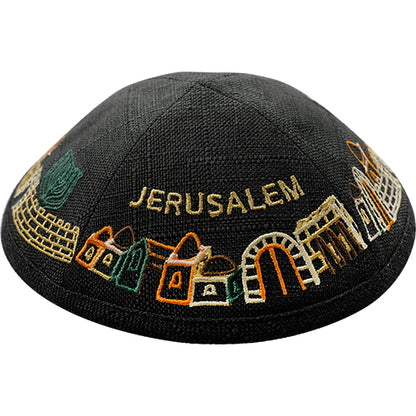 Linen Kippah With Jerusalem Embroidery