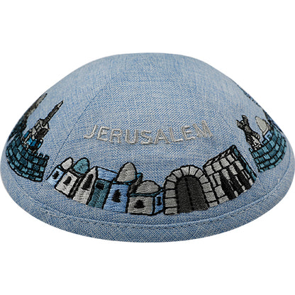 Linen Kippah With Jerusalem Embroidery