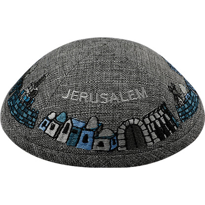 Linen Kippah With Jerusalem Embroidery