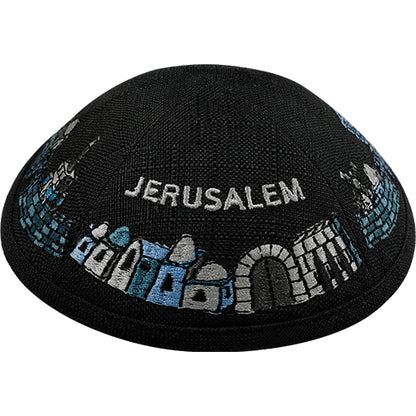 Linen Kippah With Jerusalem Embroidery