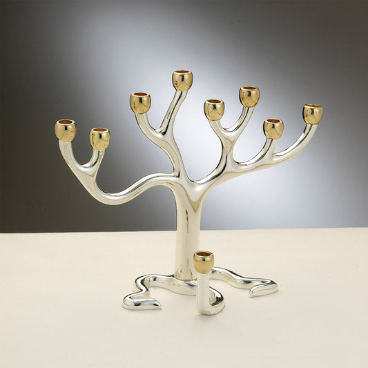 A medium sized, highly polished, silver plate finish and gold tone cups tree of life menorah