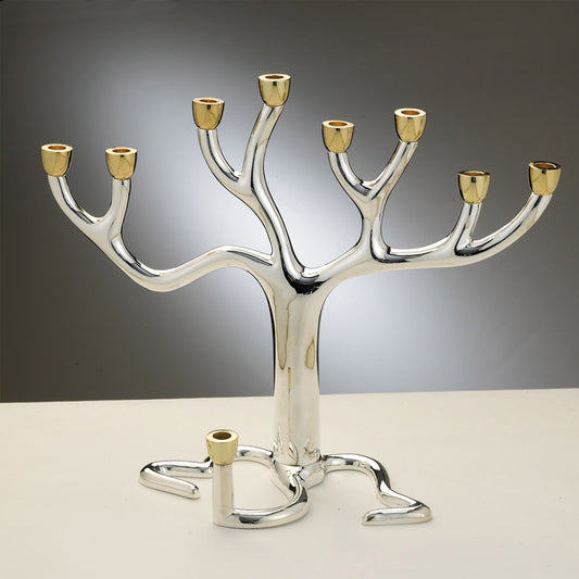 A Large Tree of Life Menorah with a highly polished silver plate finish & gold tone cups