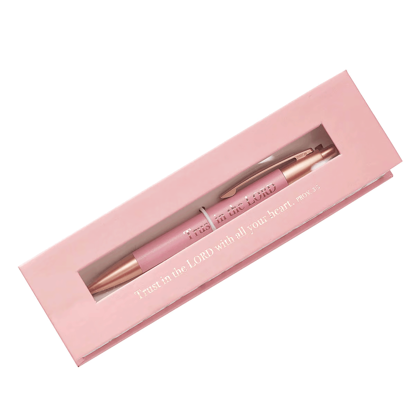 Pink pen with rose gold accents and the words "Trust in the LORD" engraved on the barrel in rose gold letters; comes in a pink box