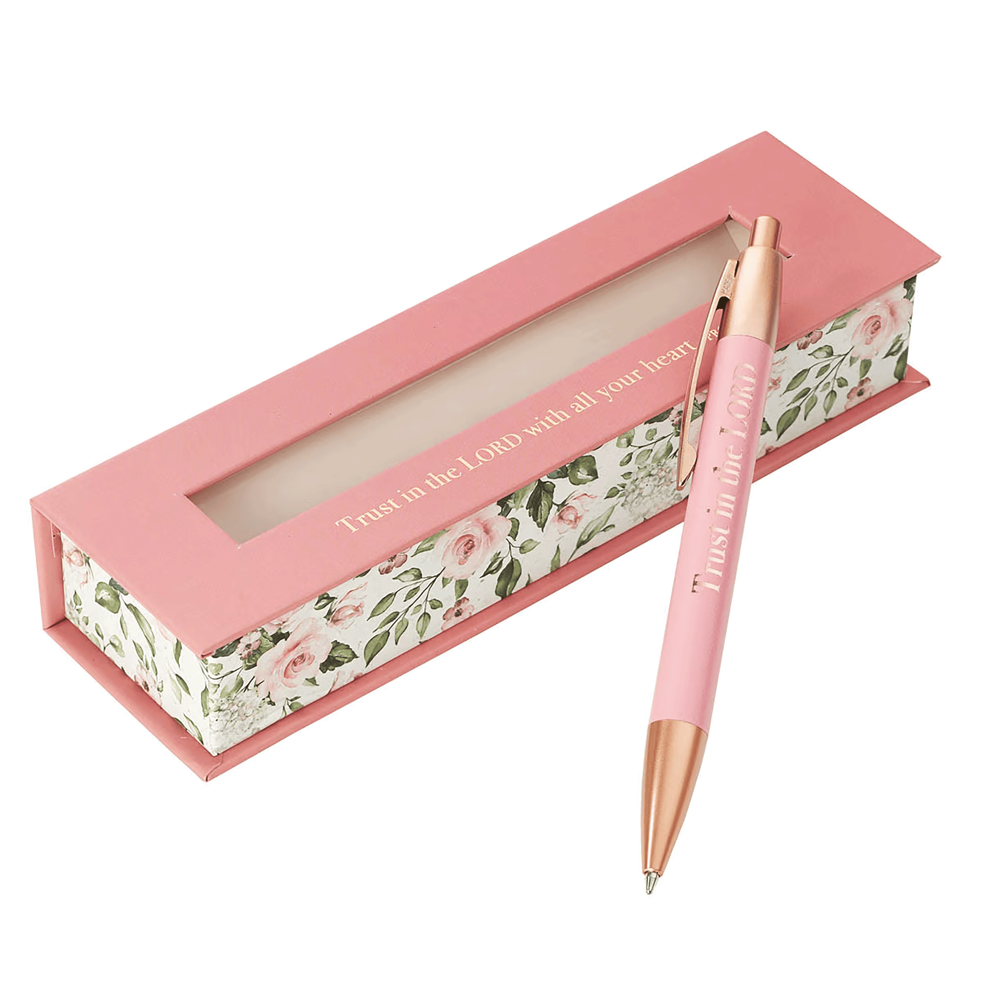 Pink pen with rose gold accents and the words "Trust in the LORD" engraved on the barrel in rose gold letters