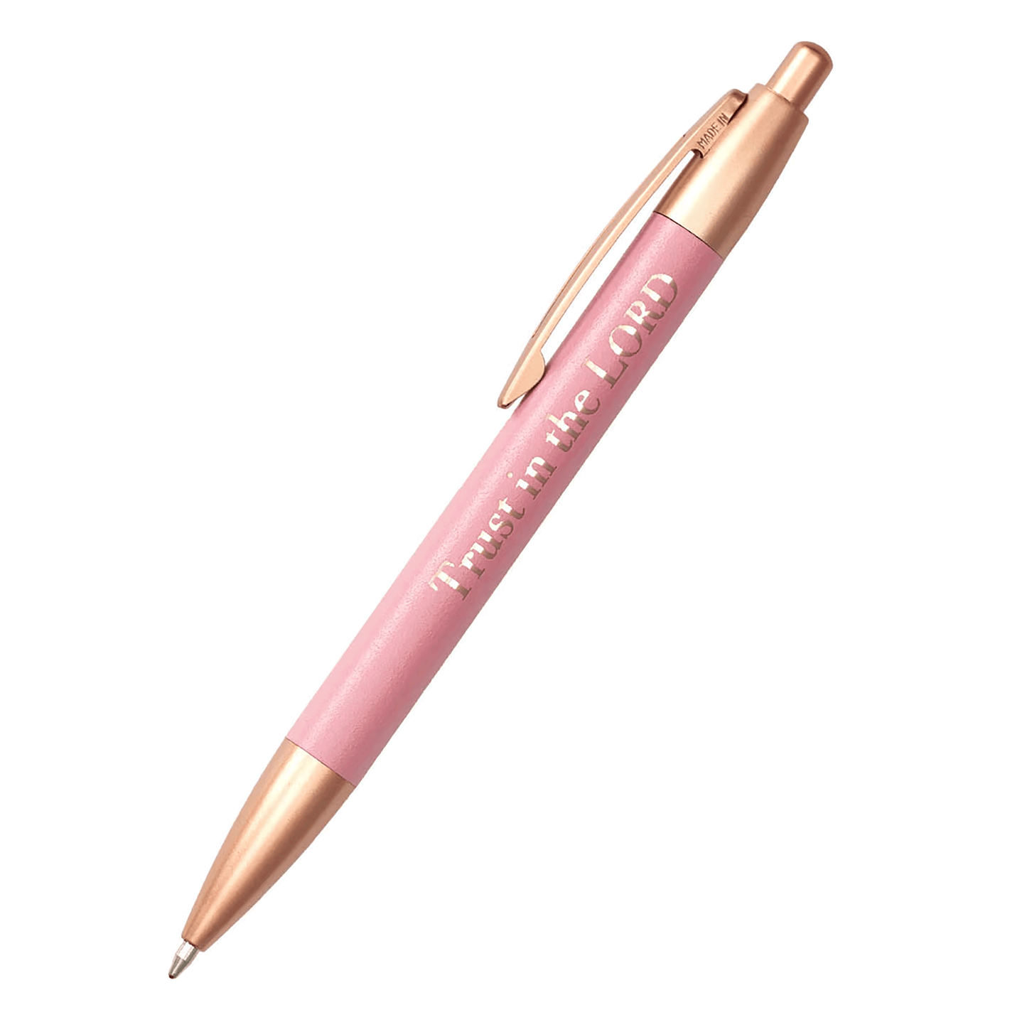 Pink pen with rose gold accents and the words "Trust in the LORD" engraved on the barrel in rose gold letters