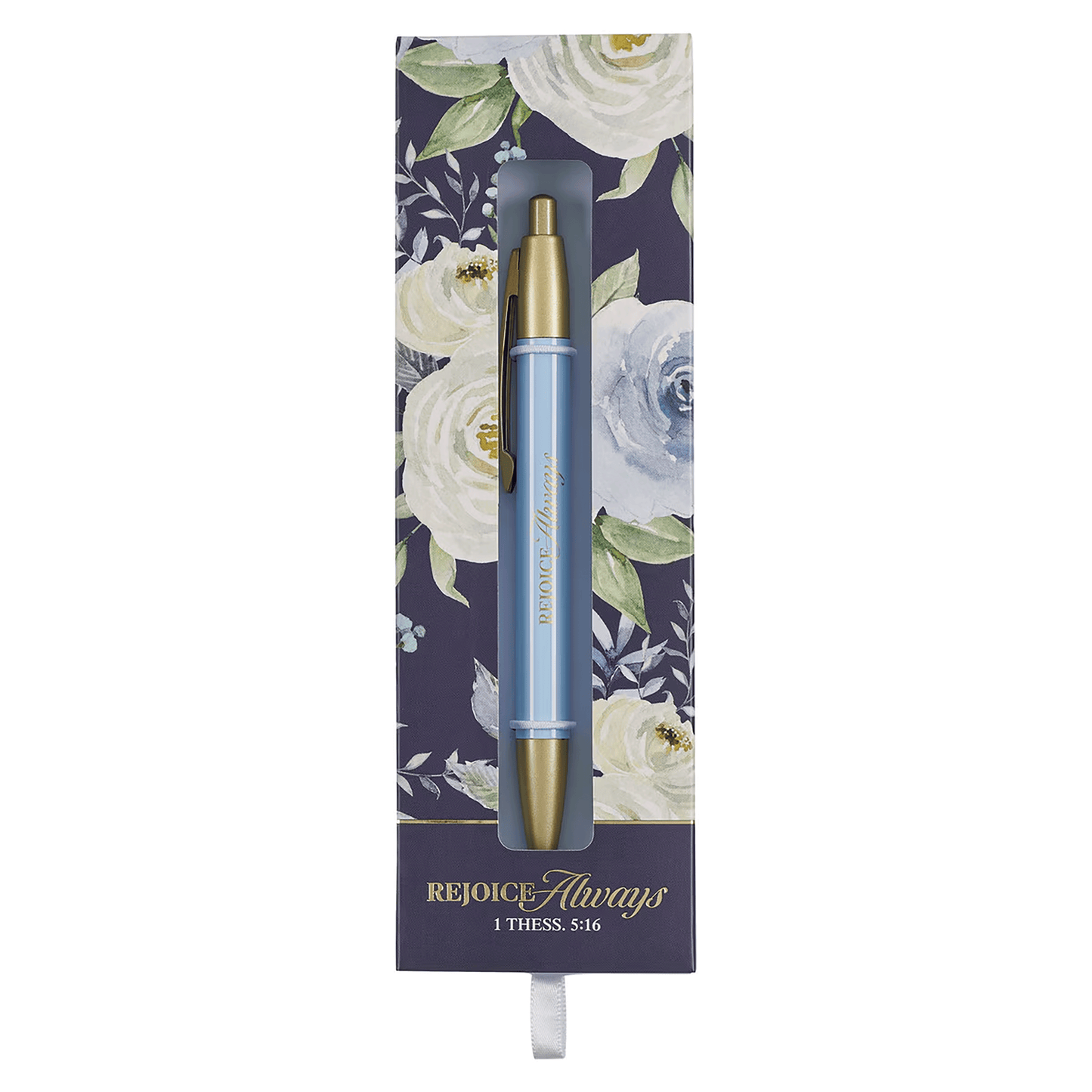 Frosty blue pen with gold-toned accents and the words “Rejoice Always” engraved on the barrel in gold letters; comes in a dark blue box with a floral design 