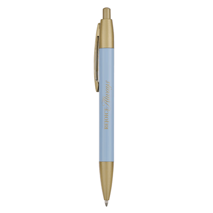 Frosty blue pen with gold-toned accents and the words “Rejoice Always” engraved on the barrel in gold letters