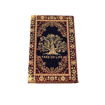 Navy blue notebook with gold and red stitching and a Tree of Life on the front and back