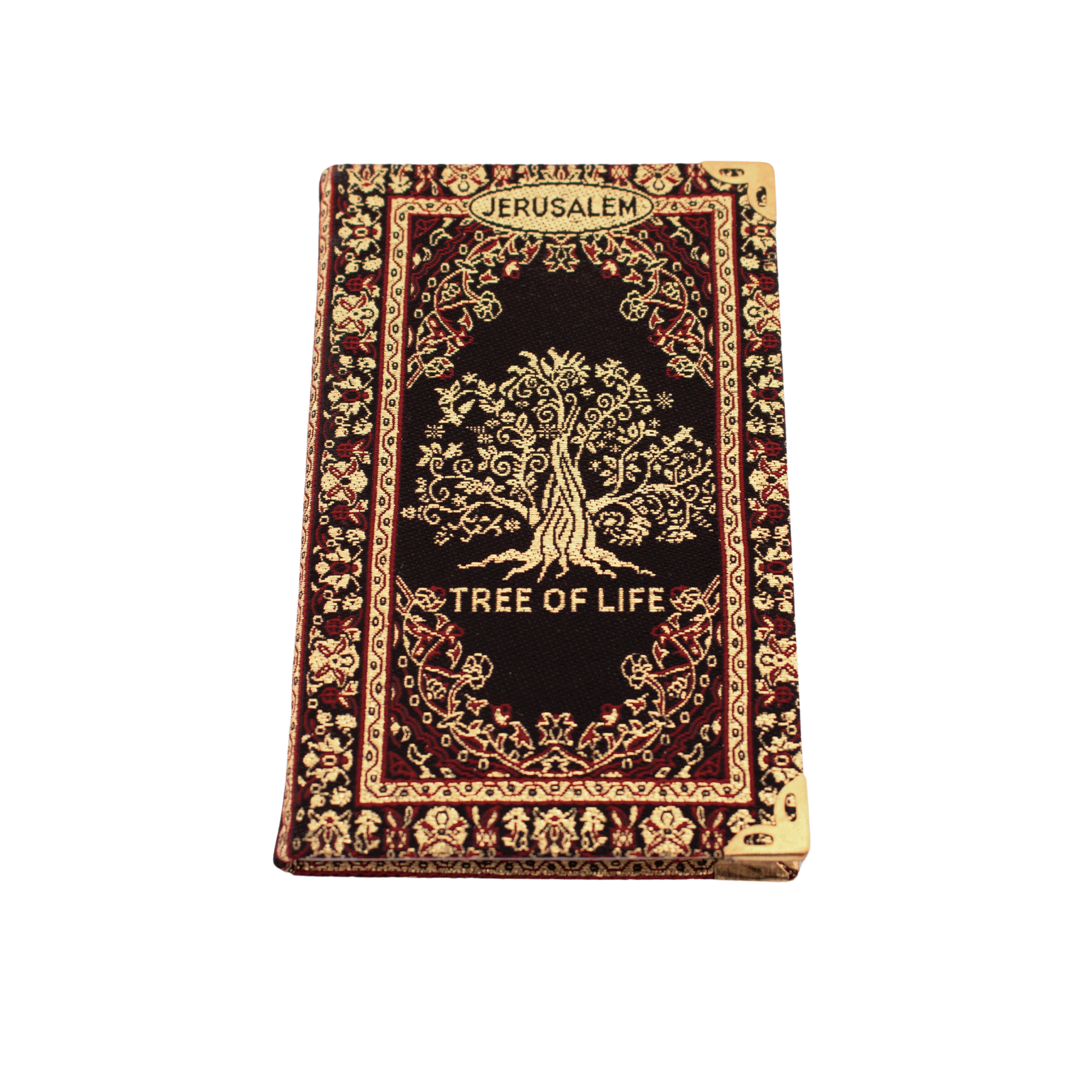  Black notebook with gold and red stitching and a Tree of Life on the front and back