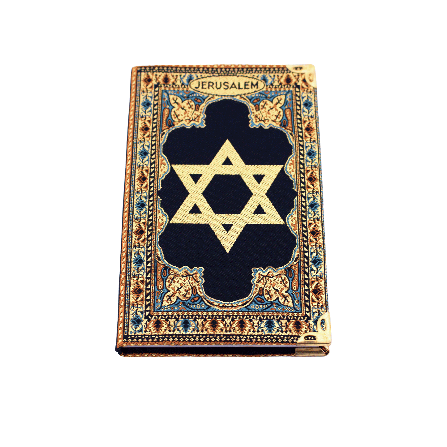 Navy blue notebook with gold and blue stitching and a Star of David on the front and back