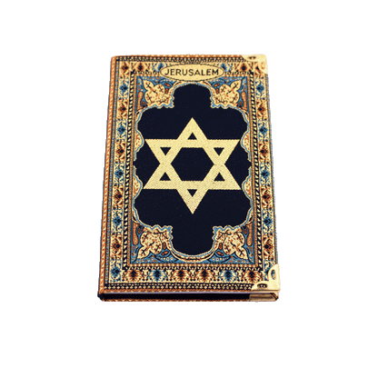 Navy blue notebook with gold and blue stitching and a Star of David on the front and back