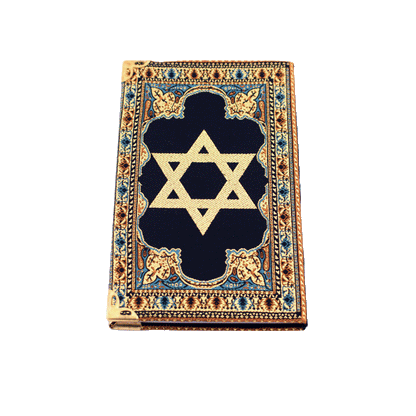 Navy blue notebook with gold and blue stitching and a Star of David on the front and back