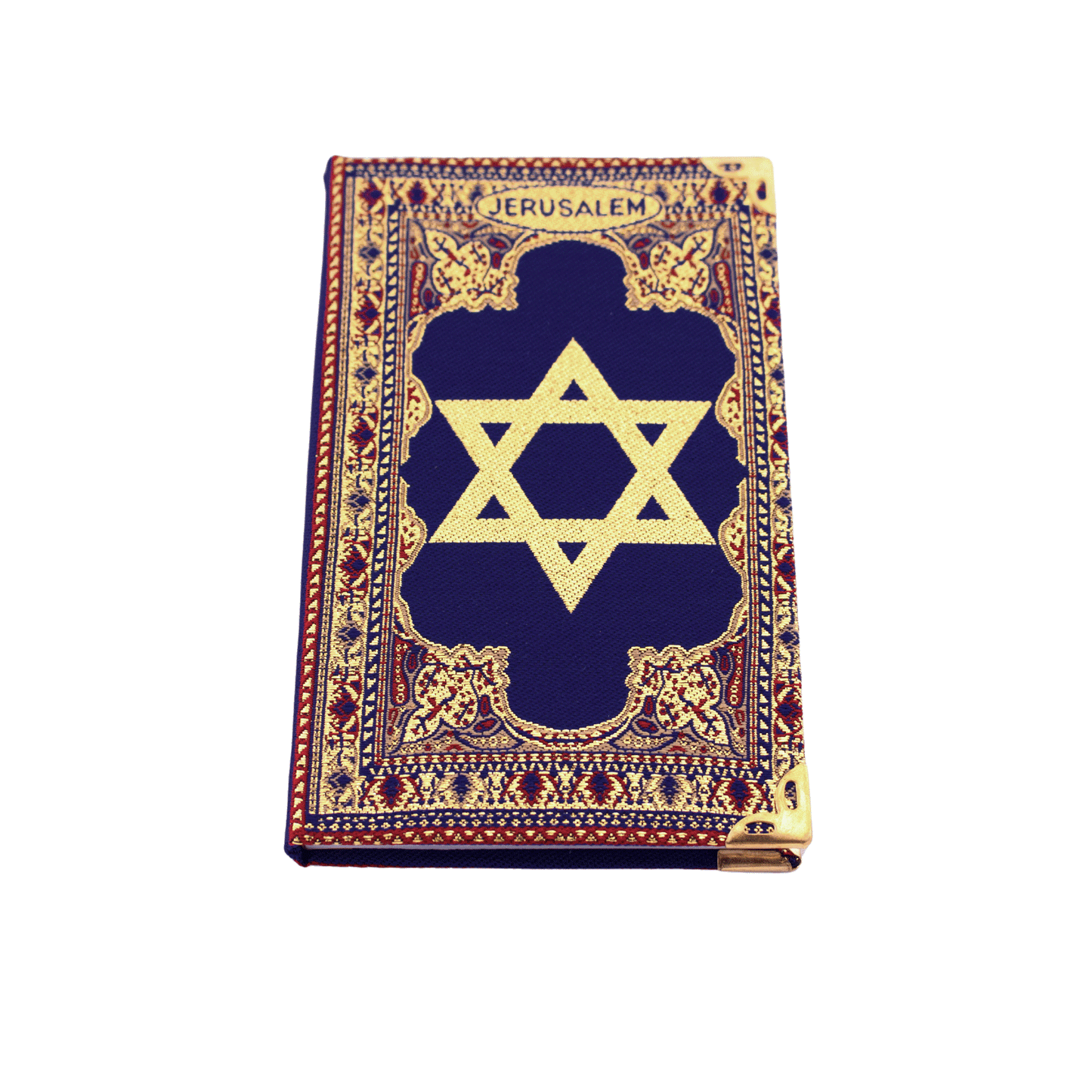 Blue notebook with gold and red stitching and a Star of David on the front and back