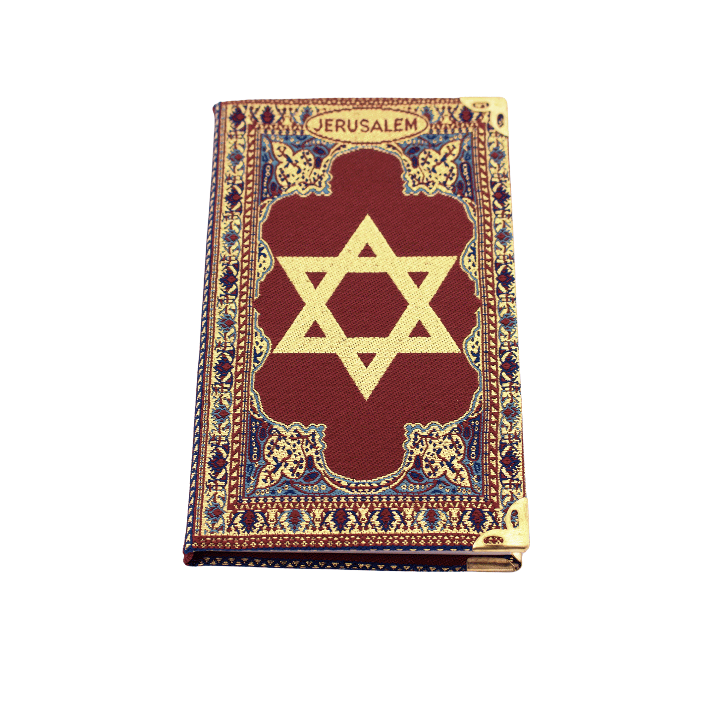 Burgundy notebook with gold and blue stitching and a Star of David on the front and back