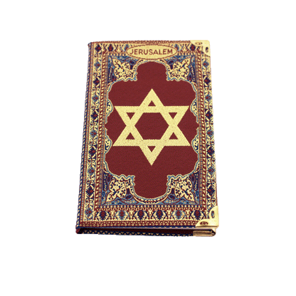 Burgundy notebook with gold and blue stitching and a Star of David on the front and back