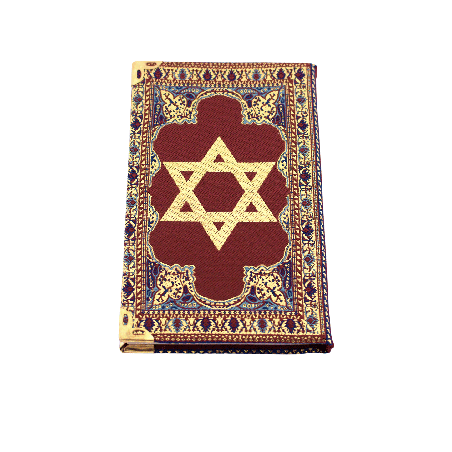 Burgundy notebook with gold and blue stitching and a Star of David on the front and back