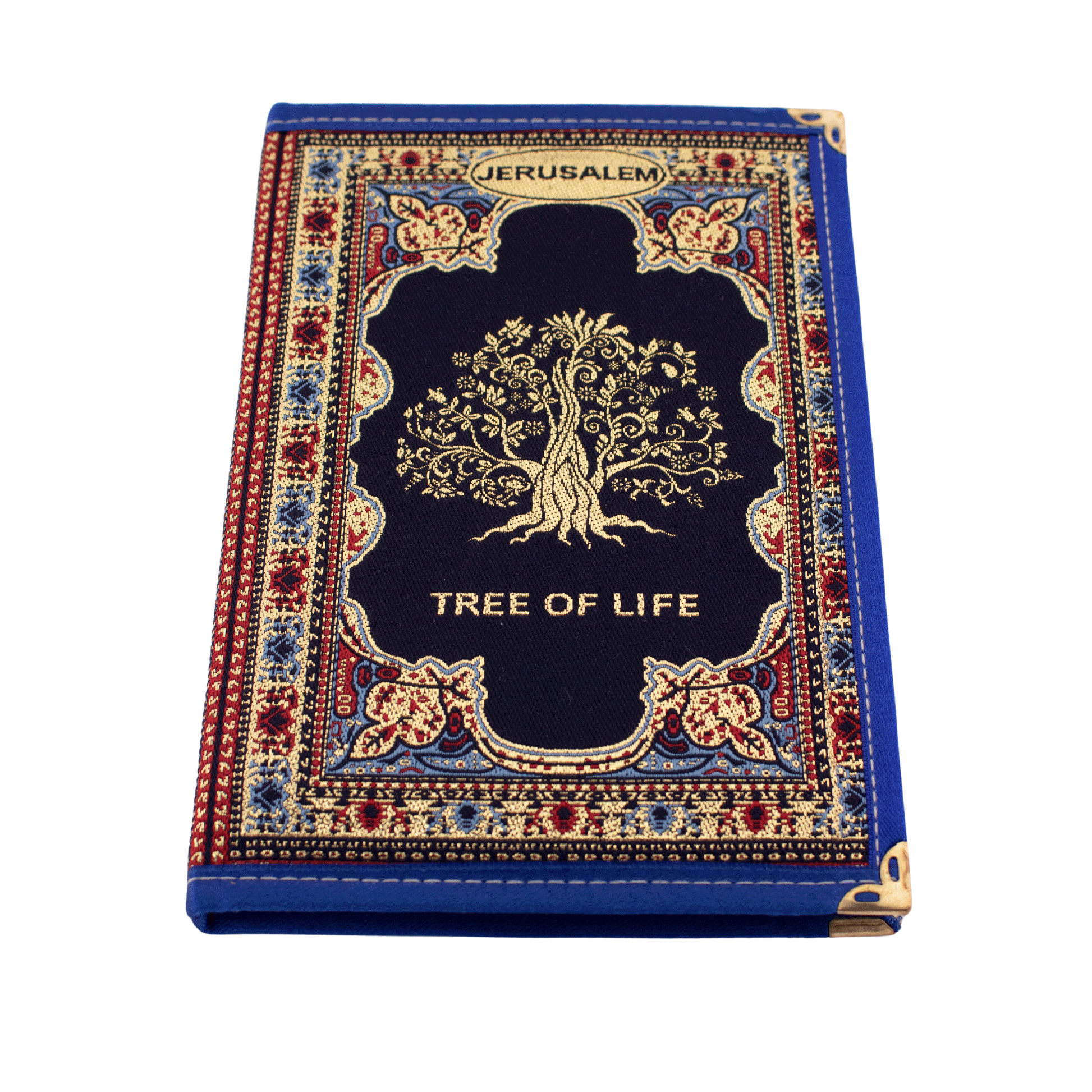 Navy blue notebook with gold and red stitching and a Tree of Life on the front and back