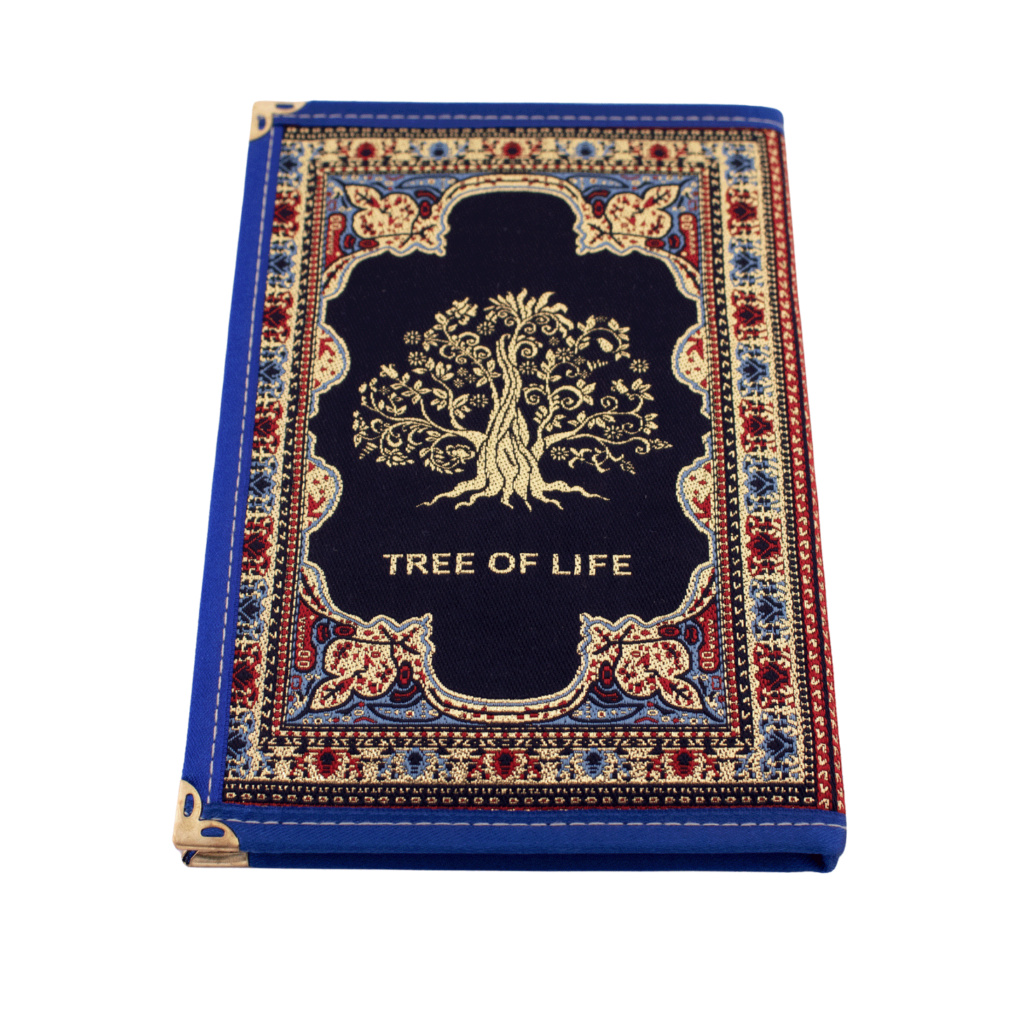 Navy blue notebook with gold and red stitching and a Tree of Life on the front and back