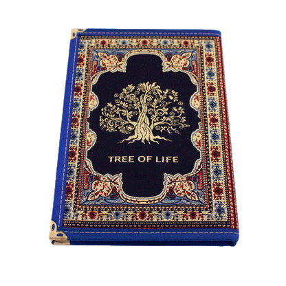 Navy blue notebook with gold and red stitching and a Tree of Life on the front and back