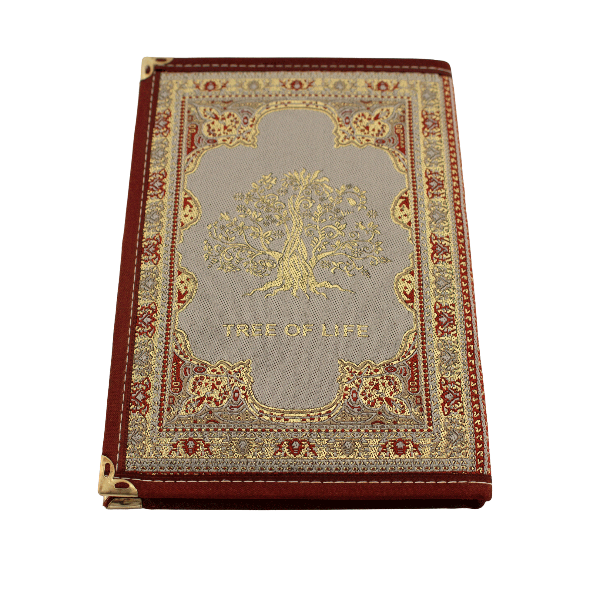 Gray notebook with gold and red stitching and a Tree of Life on the front and back